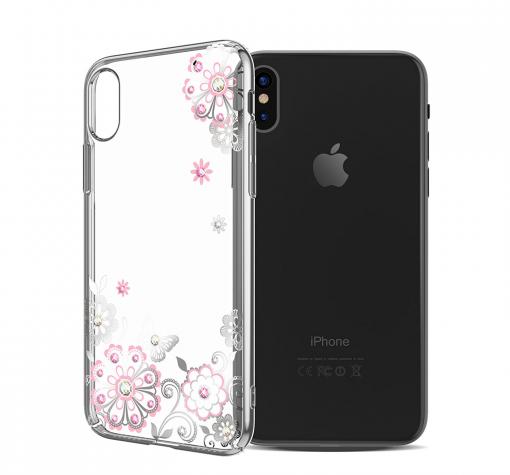 Луксозен твърд гръб KAVARO с камъни Swarovski за Apple iPhone X - прозрачен / розови цветя и пеперуда / сребрист кант