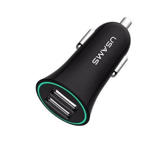 Универсално зарядно устройство за кола 12V USAMS CCO13 с 2 USB порта 2.1A за Samsung, Xiaomi, Lenovo, Apple, LG, HTC, Sony, Nokia, Huawei, ZTE, BlackBerry и др. - черно