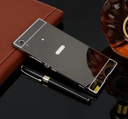 Луксозен алуминиев бъмпер с твърд гръб за Sony Xperia XA - черен / огледален