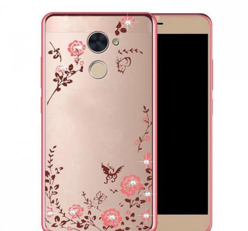 Луксозен силиконов калъф / гръб / TPU с камъни за Huawei Y7 - прозрачен / розови цветя / Rose Gold кант