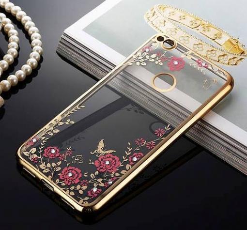 Луксозен силиконов калъф / гръб / TPU с камъни за Huawei Honor 8 Lite - прозрачен / червени цветя / златист кант