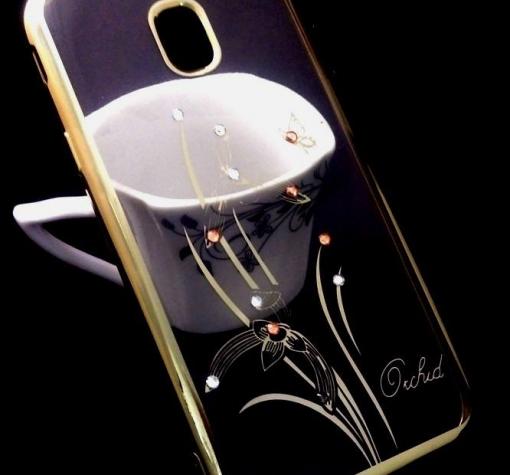 Луксозен силиконов калъф / гръб / TPU / Elegant с камъни за Samsung J3 J330 2017 - прозрачен със златист кант / перо