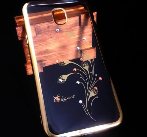 Луксозен силиконов калъф / гръб / TPU / Elegant с камъни за Samsung J5 J530 2017 - прозрачен със златист кант / перо