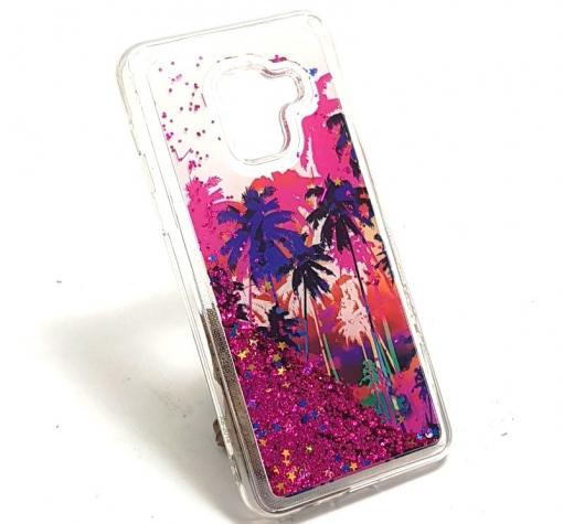 Луксозен твърд гръб 3D за Samsung A8 2018 A530F - Palms / цикламен брокат със звездички