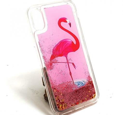 Луксозен твърд гръб 3D за Apple iPhone X - Flamingo / розов брокат със звездички
