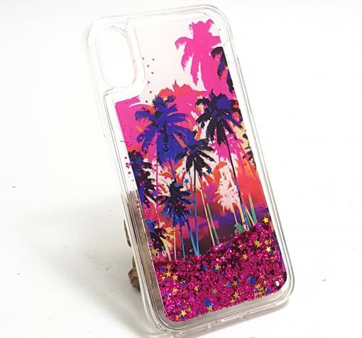 Луксозен твърд гръб 3D за Apple iPhone X - Palms / цикламен брокат със звездички
