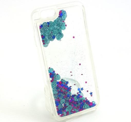 Луксозен твърд гръб 3D за Apple iPhone 6 / iPhone 6S - прозрачен / брокат / тюркоаз