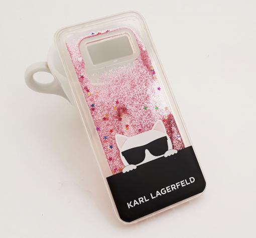 Луксозен твърд гръб 3D Water Case за Samsung S8 G950 - прозрачен / розов брокат / KARL LAGERFELD