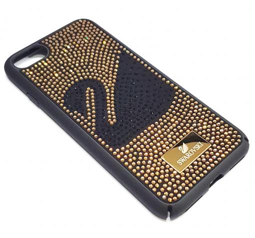 Луксозен твърд гръб Swarovski за Apple iPhone 7 / iPhone 8 - черен / златисти камъни / Swan