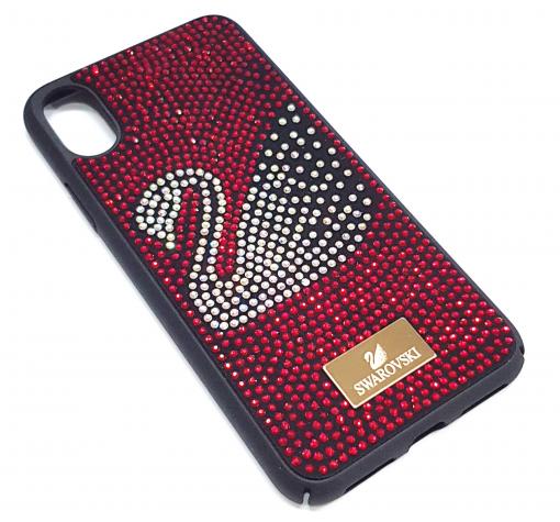 Луксозен твърд гръб Swarovski за Apple iPhone X - черен / червени камъни / Swan