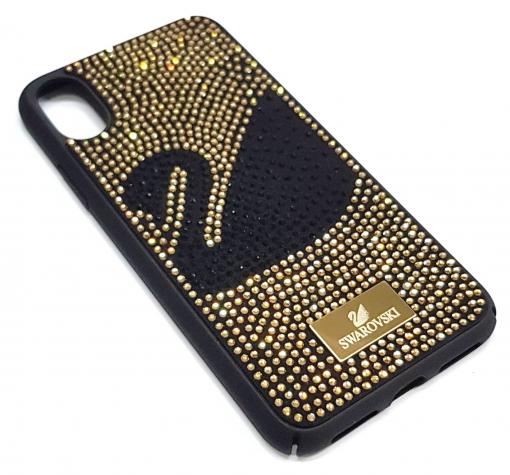 Луксозен твърд гръб Swarovski за Apple iPhone XR - черен / златисти камъни / Swan