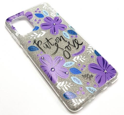 Силиконов калъф / гръб / TPU за Samsung A51 - сребрист брокат / лилави цветя / Put on Love