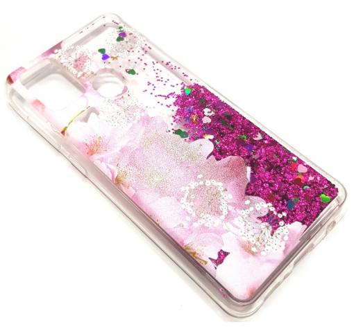 Луксозен гръб 3D Water Case за Samsung A21s - течен гръб с розов брокат / огледален с розови цветя