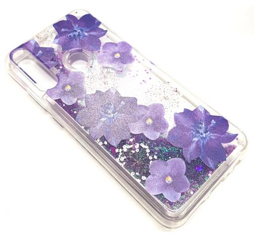 Луксозен гръб 3D Water Case за Huawei Y6p - течен гръб с брокат / прозрачен с лилави цветя
