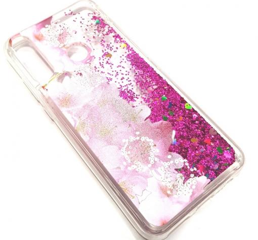 Луксозен гръб 3D Water Case за Huawei Y6p - течен гръб с розов брокат / прозрачен с розови цветя