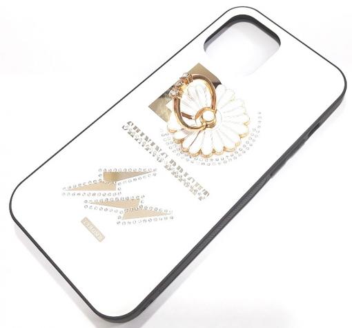 Луксозен стъклен твърд гръб със стойка за Apple iPhone 12 /12 Pro 6.1'' – бял / цвете и камъни
