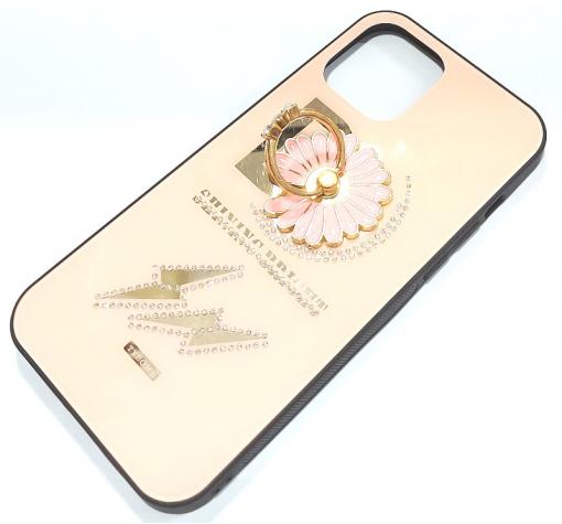 Луксозен стъклен твърд гръб със стойка за Apple iPhone 12 Pro Max 6.7" – бежов / цвете и камъни