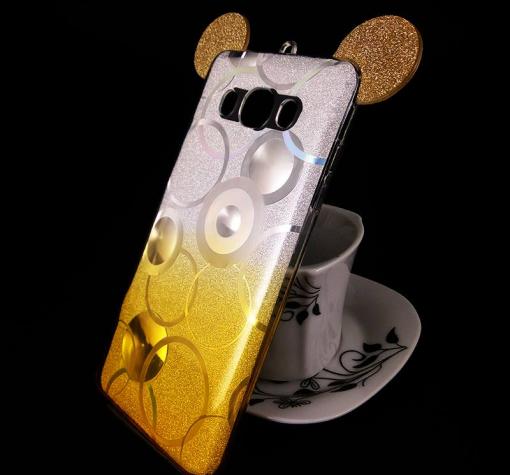 Луксозен силиконов калъф / гръб / TPU 3D за Samsung J5 2016 J510 - преливащ / сребристо и жълто / брокат / миши ушички / 2в1 / кръгове