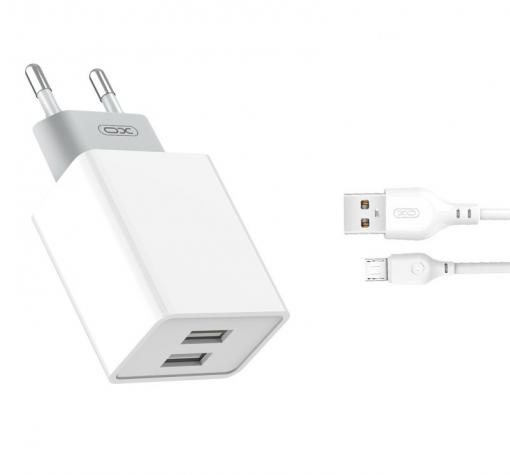 Зарядно устройство 220V XO-L65 2xUSB / Micro USB / 2.4A - бяло