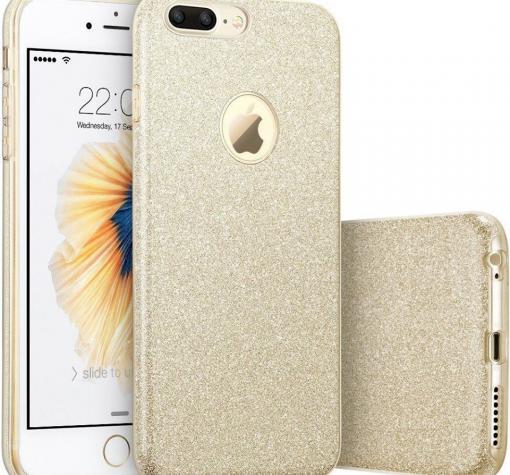 Луксозен силиконов гръб със стойка зa Apple iPhone 7 Plus - златист / брокат