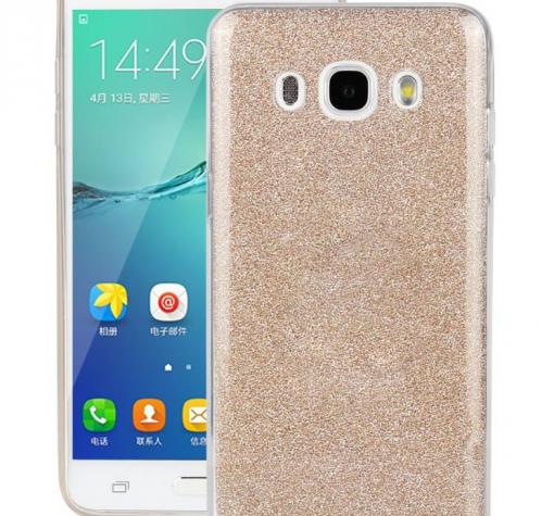 Луксозен силиконов гръб със стойка за Samsung J5 2016 J510 - златист / брокат