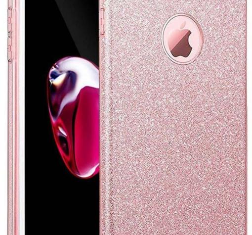Луксозен силиконов гръб със стойка зa Apple iPhone 7 Plus - розов / брокат