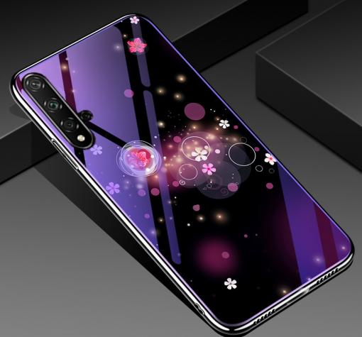 Луксозен стъклен твърд гръб със силиконов кант за Huawei Nova 5T / Honor 20 - цветя и кръгове