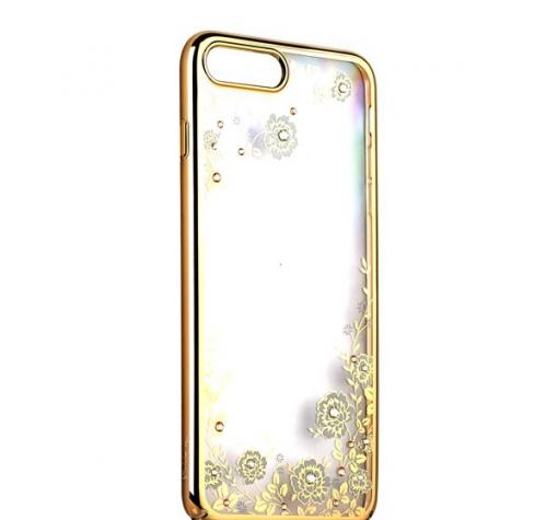 Луксозен твърд гръб KAVARO с камъни Swarovski за Apple iPhone 7 - прозрачен / бели цветя / златист кант