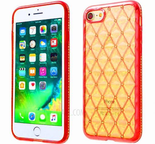 Луксозен силиконов калъф / гръб / TPU с камъни за Apple iPhone 7 / iPhone 8 - прозрачен / червен кант / ромбове