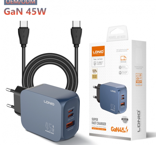 Зарядно устройство LDNIO Q6 GaN 45W с USB-C, USB-A и USB Type-C към USB Type-C кабел