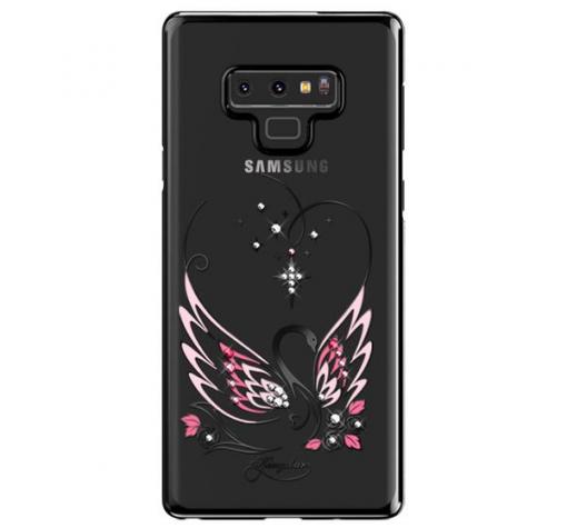 Луксозен твърд гръб KINGXBAR Swarovski Diamond за Samsung Note 9 - прозрачен със черен кант / лебед