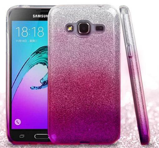 Луксозен силиконов калъф / гръб / TPU за Samsung J3 / J3 2016 J320 - преливащ брокат / розово и сребристо