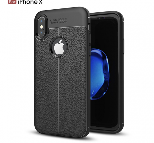 Луксозен силиконов калъф / гръб / TPU за Apple iPhone X - черен / имитиращ кожа