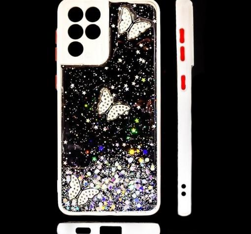Луксозен твърд кейс със силиконов кант и брокат за Samsung S21 Ultra - прозрачен / пеперуди / бял кант