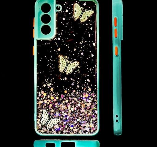 Луксозен твърд гръб / кейс / със силиконов кант и брокат за Samsung S21 - прозрачен / пеперуди / мента