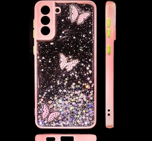 Луксозен твърд гръб / кейс / със силиконов кант и брокат за Samsung S21 - прозрачен / пеперуди / розов кант
