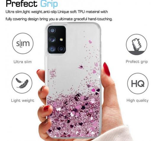 Луксозен твърд гръб кейс 3D Water Case за Samsung A34 5G - прозрачен / течен гръб с брокат / розов
