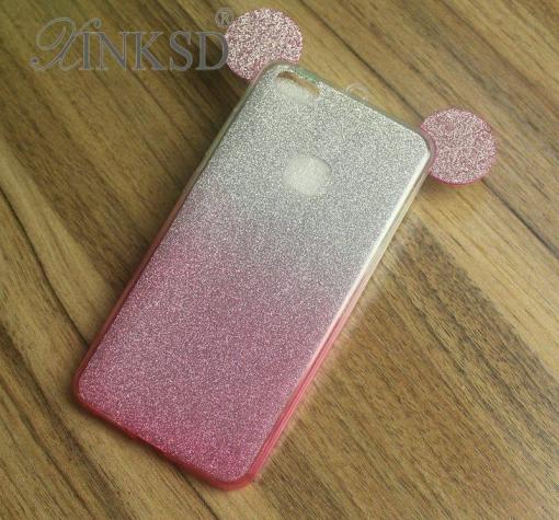 Луксозен силиконов калъф / гръб / TPU 3D за Xiaomi Redmi 4X - преливащ / розов и сребрист / брокат / миши ушички / 2в1