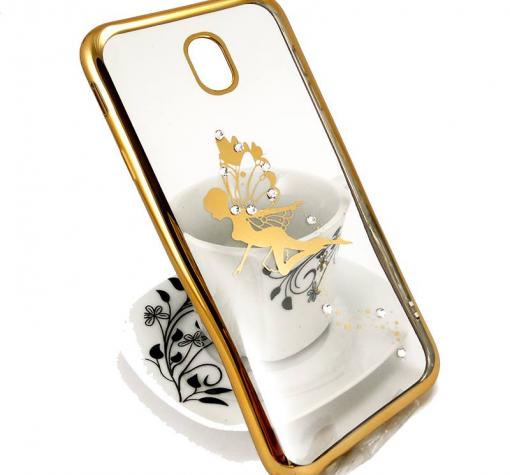 Луксозен силиконов калъф / гръб / TPU / Elegant с камъни за Samsung J3 2017 J330 - прозрачен със златист кант / фея