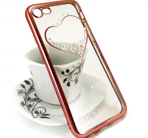 Луксозен силиконов калъф / гръб / TPU / Elegant с камъни за Apple iPhone 7 / iPhone 8 - прозрачен със Rose Gold кант / сърце