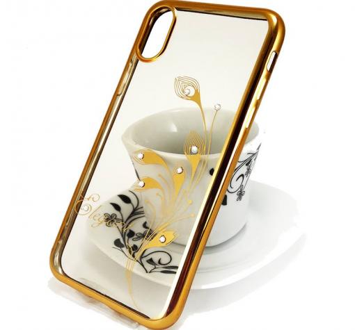 Луксозен силиконов калъф / гръб / TPU / Elegant с камъни за Apple iPhone X - прозрачен със златист кант / перо