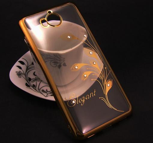 Луксозен силиконов калъф / гръб / TPU / Elegant с камъни за Huawei Y5 2017 / Huawei Y6 2017 - прозрачен със златист кант / перо