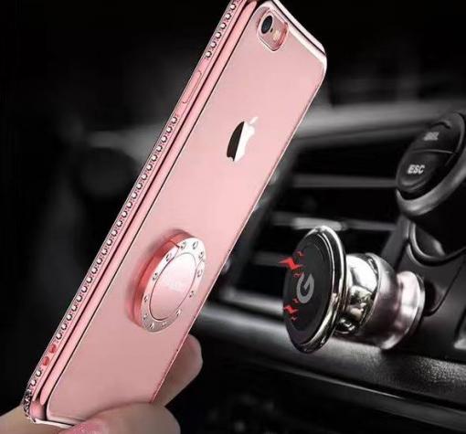 Луксозен силиконов гръб със стойка и камъни UYITLO за Apple iPhone 7 / iPhone 8 - прозрачен / Rose Gold кант