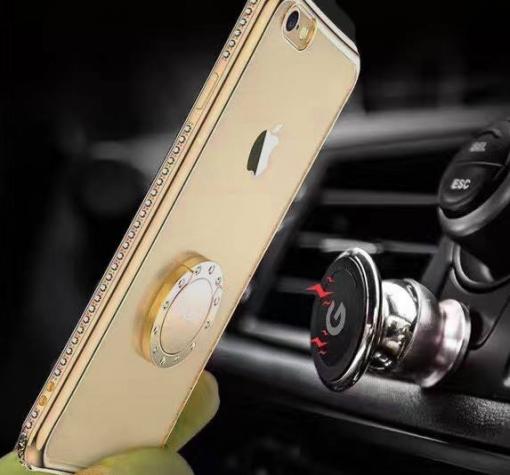 Луксозен силиконов гръб със стойка и камъни UYITLO за Apple iPhone 7 / iPhone 8 - прозрачен / златист кант