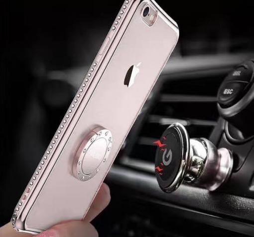 Луксозен силиконов гръб със стойка и камъни UYITLO за Apple iPhone 7 Plus / iPhone 8 Plus - прозрачен / сребрист кант