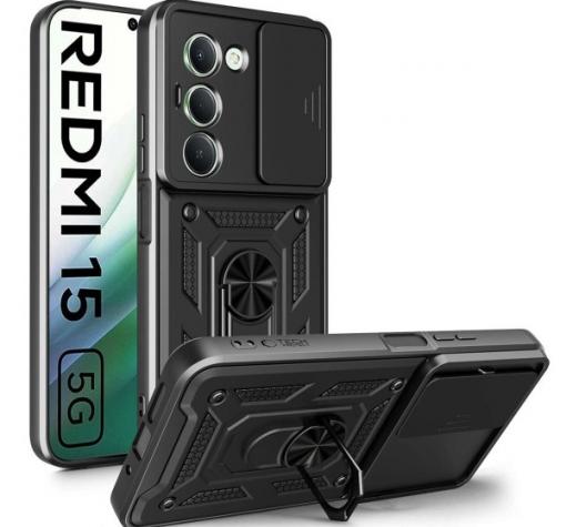 Удароустойчив гръб TPU кейс Slide Camera Case Magnetic Finger Ring Car Holder за Xiaomi Redmi 15 - черен