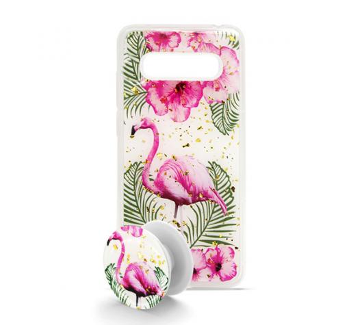 Луксозен силиконов калъф / гръб / TPU с Popsocket за Samsung S10 - бял / Flamingo and Flowers