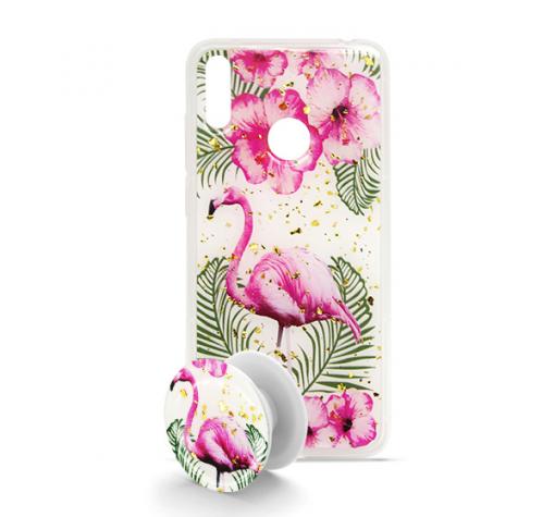 Луксозен силиконов калъф / гръб / TPU с Popsocket за Samsung A40 - бял / Flamingo and Flowers