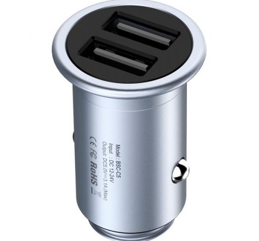 Оригинално универсално зарядно устройство BASEUS 12V Mini T 2 USB / 2.4A за Samsung , Apple , LG , HTC , Sony, Nokia, Huawei , ZTE, BlackBerry и др. - метално