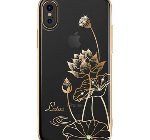 Луксозен твърд гръб KINGXBAR Swarovski Diamond за Apple iPhone X - прозрачен със златист кант / Lotus